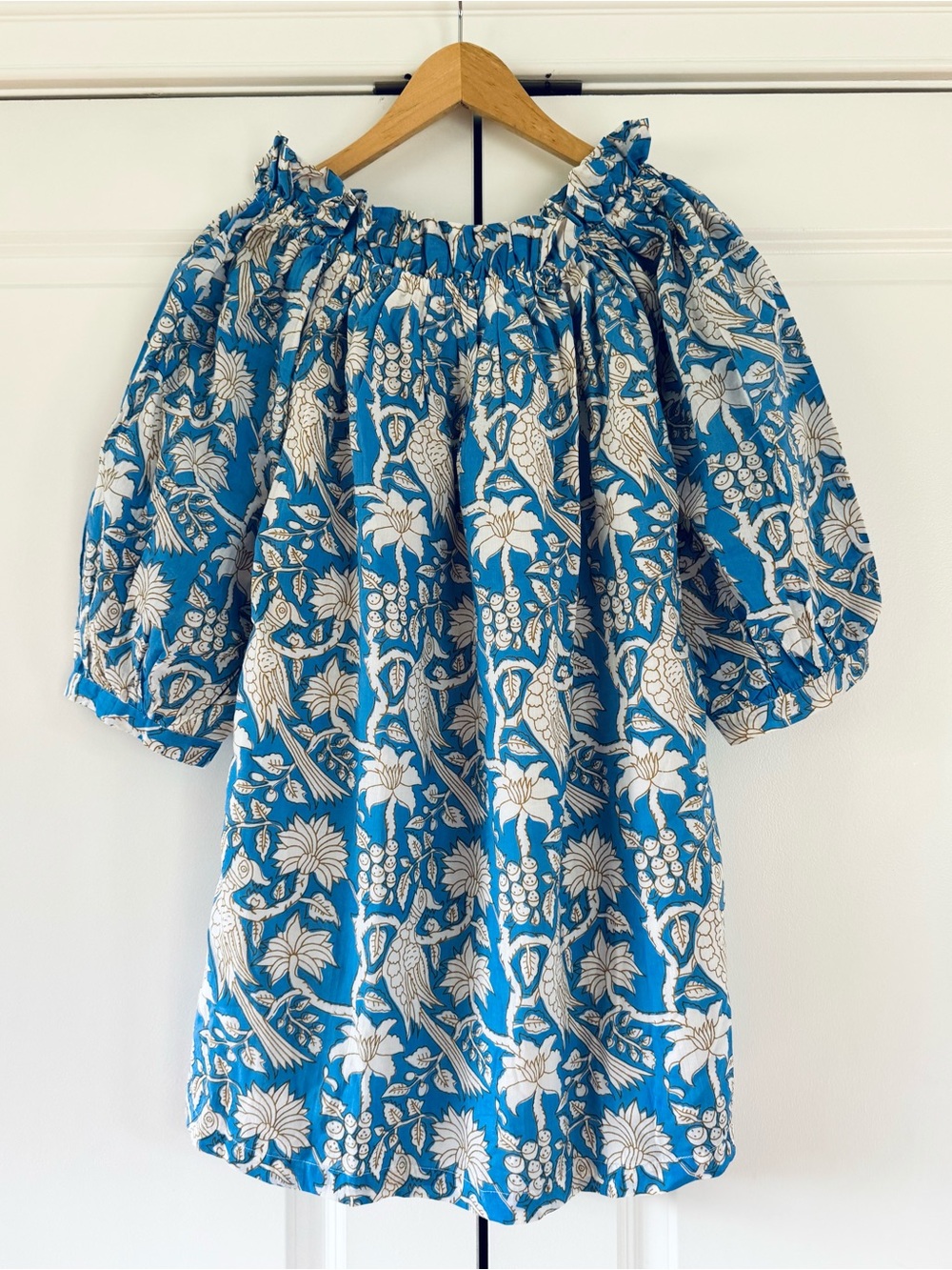 Holly Shae Design Tunic puff sleeve cotton blue toile avian blouse one size